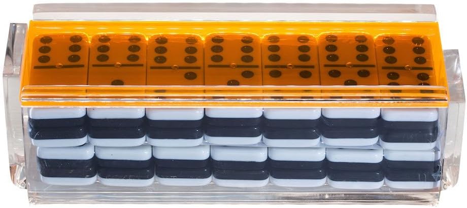 Modern Double Six Jumbo Tiles Dominoes Set, Acrylic Box with Acrylic Lid, Professional Two Toned Black and White Dominoes, Brass Center Rivet, Made in USA (Neon Orange)
