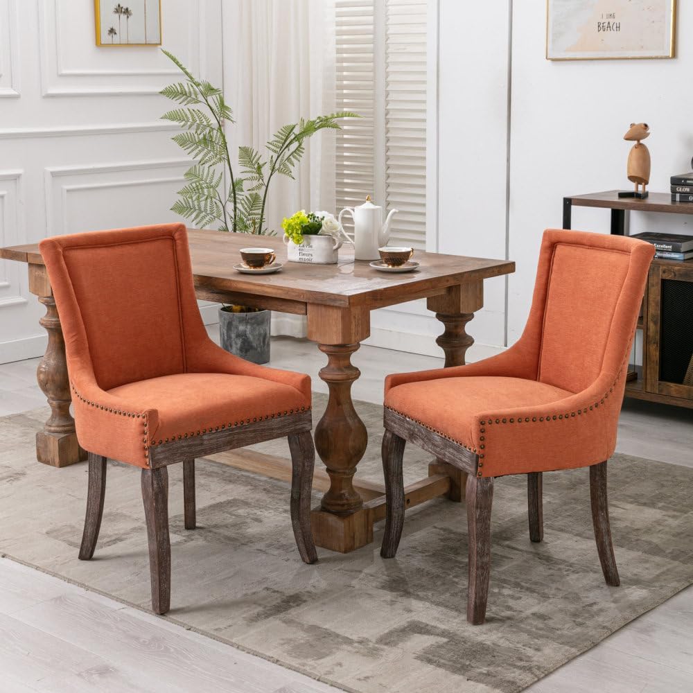 Dining Chairs Set of 2, Thickened Fabric Upholstered Chair with Neutral Solid Wood Legs & Bronze Nailhead Trim, Comfortable Accent Chairs for Dining Room/Kitchen/Living Space(Orange + Fabric)