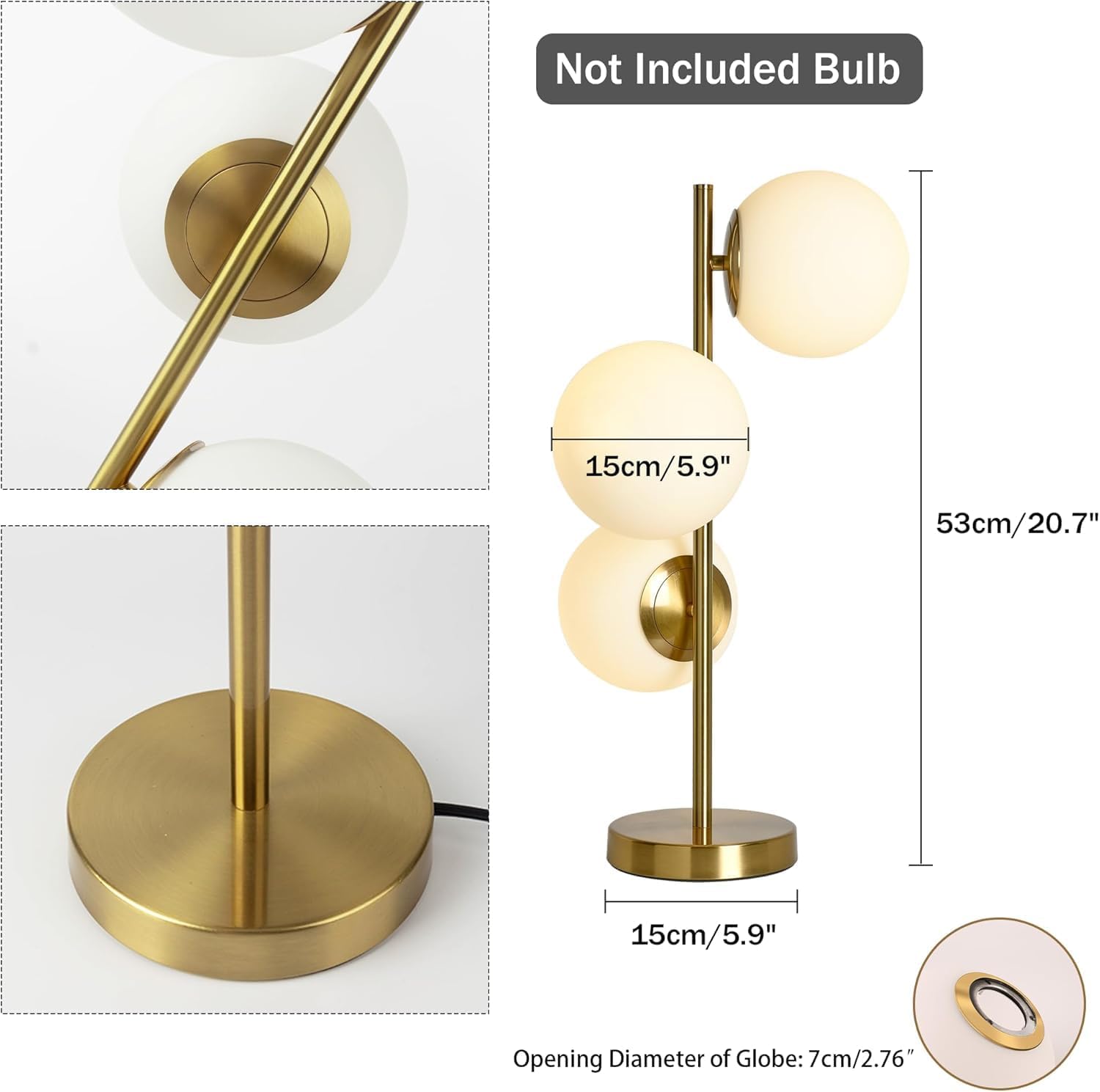 Bedside Table Lamps Set of 2, Mid Century Gold Globe Table Lamp, 3-Light Desk Lamp with Milk White Glass Shade Metal Base, Living Room End Table Lamp Nightstand Lamps for Bedroom