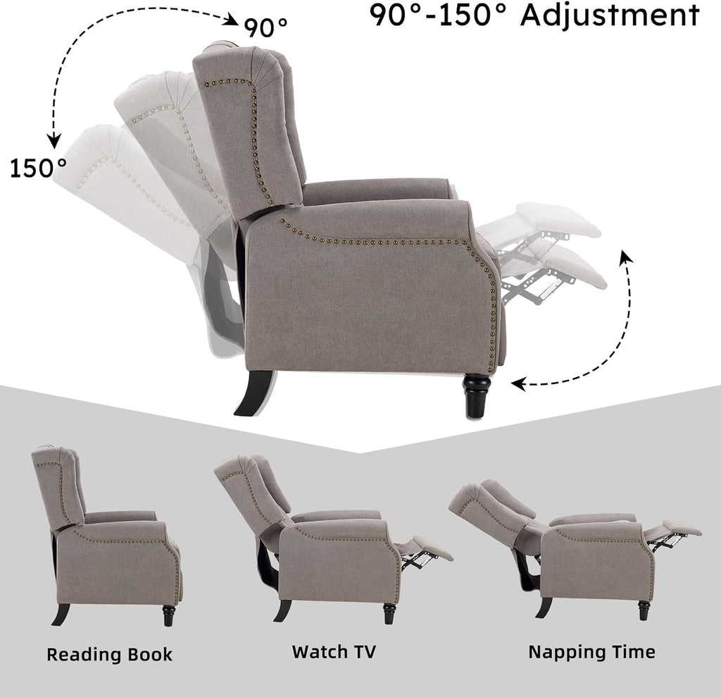 IOMOR Push Back Recliner Chair Fabric Lounge Armchair Pushback Recliner with Rivet Decoration Wingback Single Sofa Chair with Padded Seat for Living Room, Bedroom (1, Grey)