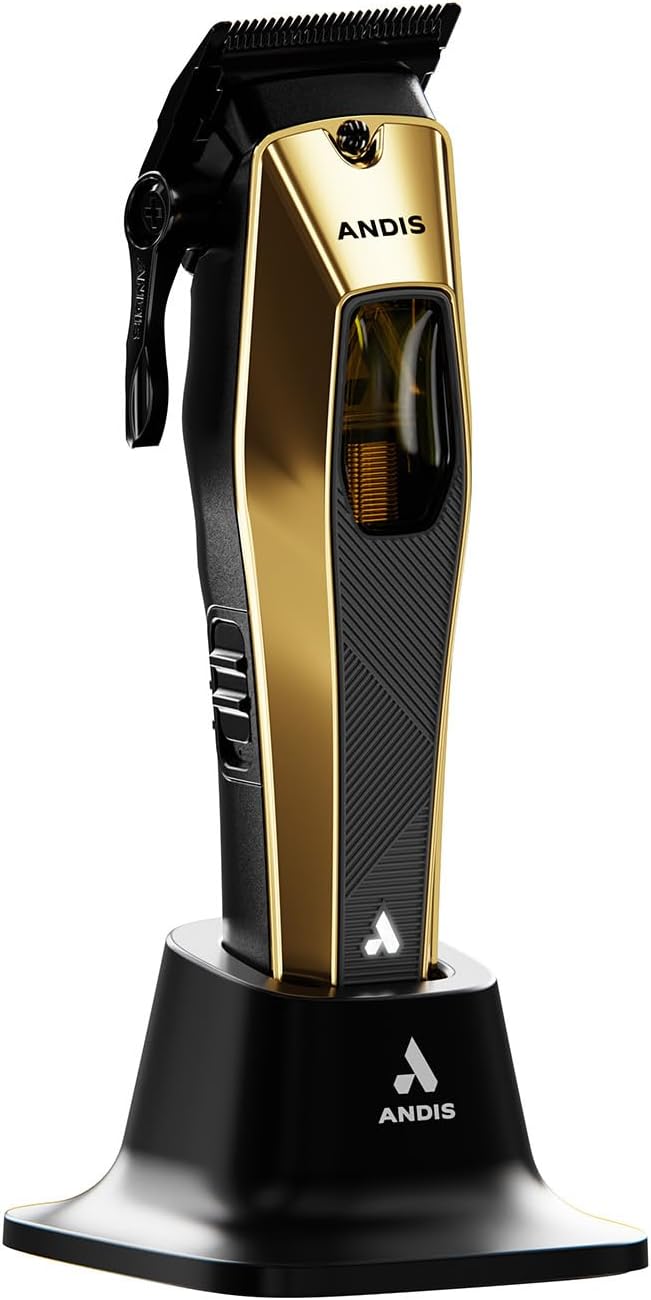 Andis Recon Professional Barber Vector Motor Hair Clipper, Adjustable-Fixed Phaze Blade, Includes OG Comb Set, Lithium Ion 4-Hour Run Time, Interchangeable Covers, Black/Gold