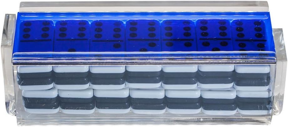 Modern Double Six Jumbo Tiles Dominoes Set, Acrylic Box with Acrylic Lid, Professional Two Toned Black and White Dominoes, Brass Center Rivet, Made in USA (Blue)