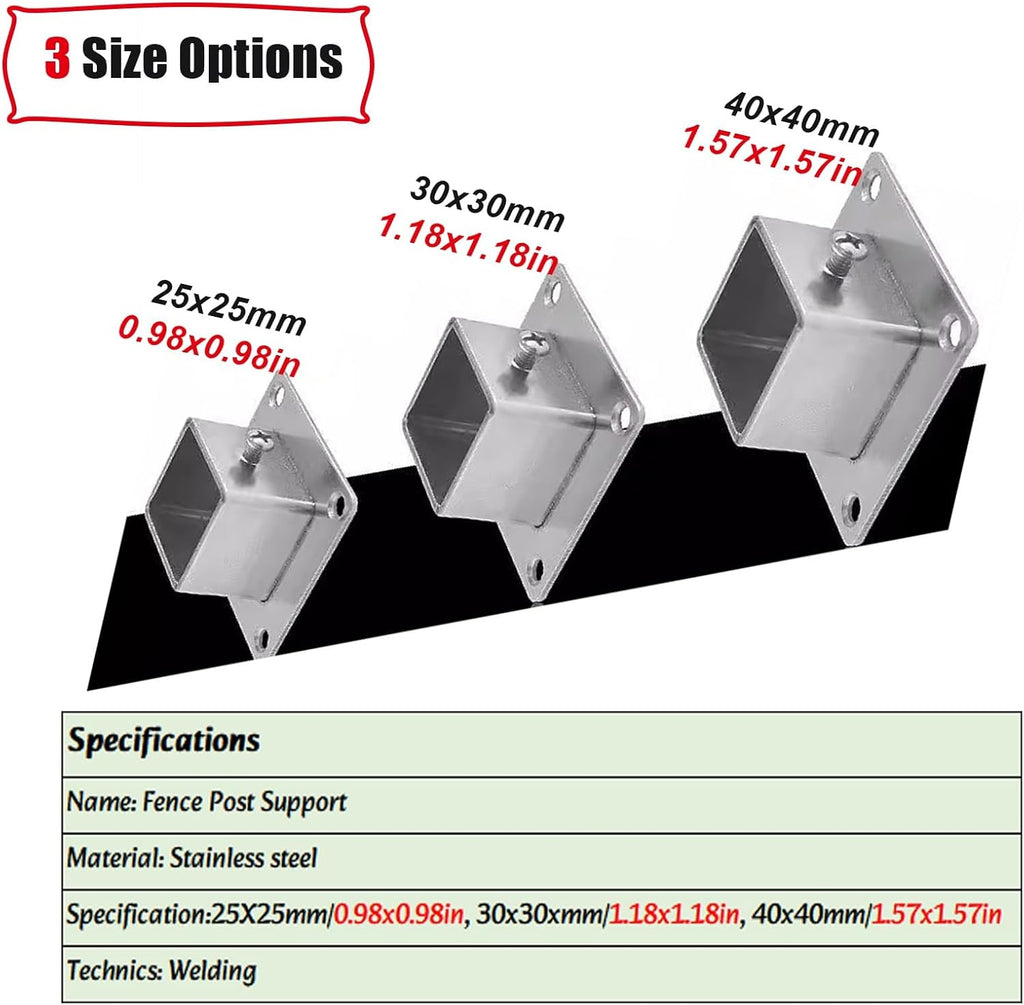 25 30 40mm Wide Square Anchor Base for Post，2/4 6 Pcs Stainless Steel Heavy Duty Post Base with Screws for Fence Deck Railing Support(4pack,40x40mm/1.57x1.57in)