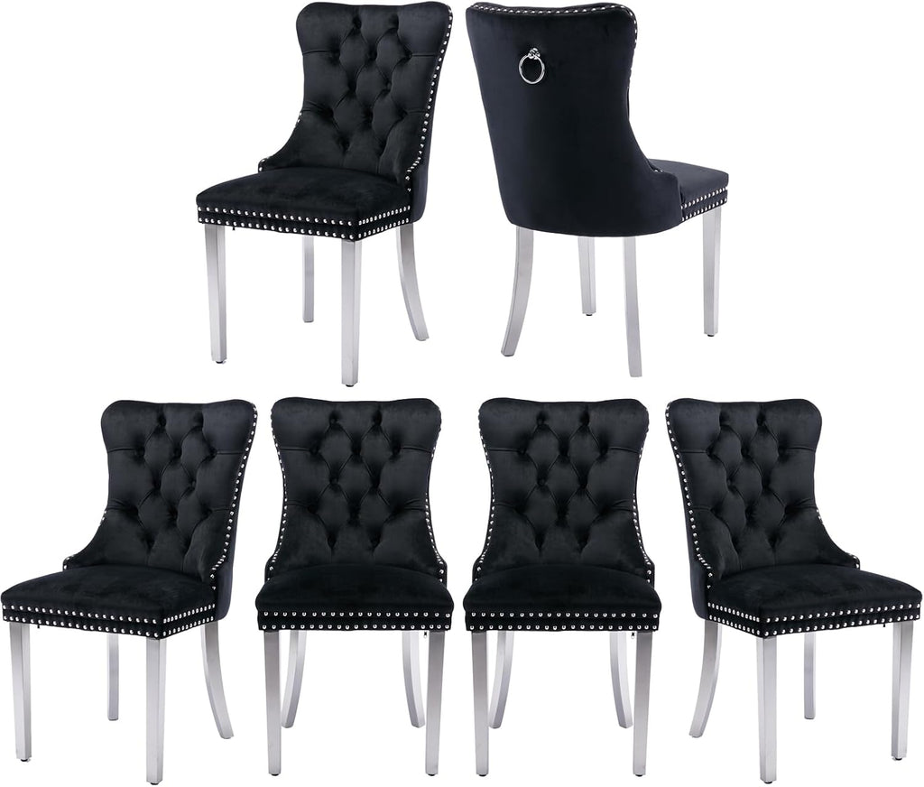 Velvet Dining Chairs Set of 6, Tufted Upholstered Dining Room Chairs with Back Ring Pull, Nailhead Trim and Sliver Stainless Steel Legs, Modern Dinning Chairs for Dining Room, Kitchen(Black)