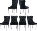 Velvet Dining Chairs Set of 6, Tufted Upholstered Dining Room Chairs with Back Ring Pull, Nailhead Trim and Sliver Stainless Steel Legs, Modern Dinning Chairs for Dining Room, Kitchen(Black)
