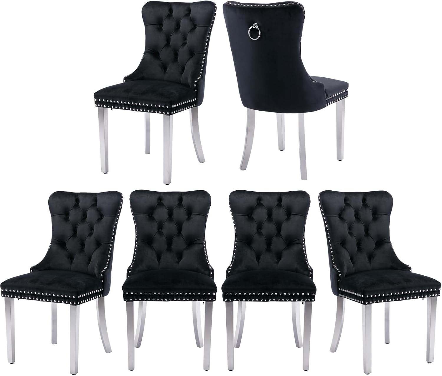 Velvet Dining Chairs Set of 6, Tufted Upholstered Dining Room Chairs with Back Ring Pull, Nailhead Trim and Sliver Stainless Steel Legs, Modern Dinning Chairs for Dining Room, Kitchen(Black)