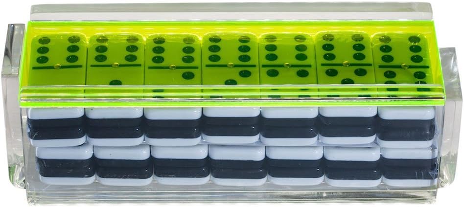 Modern Double Six Jumbo Tiles Dominoes Set, Acrylic Box with Acrylic Lid, Professional Two Toned Black and White Dominoes, Brass Center Rivet, Made in USA (Neon Green)