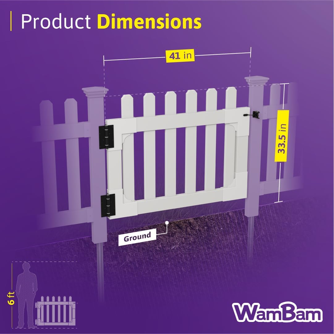 33.5in H x 42in W (1 Gate) No Dig WamBam Newport Gate Kit, White Vinyl Picket Fence Entry Kit for Newport Panels, Access Door for Backyard, Patio, Outdoor, or Garden Barrier, ZP19004