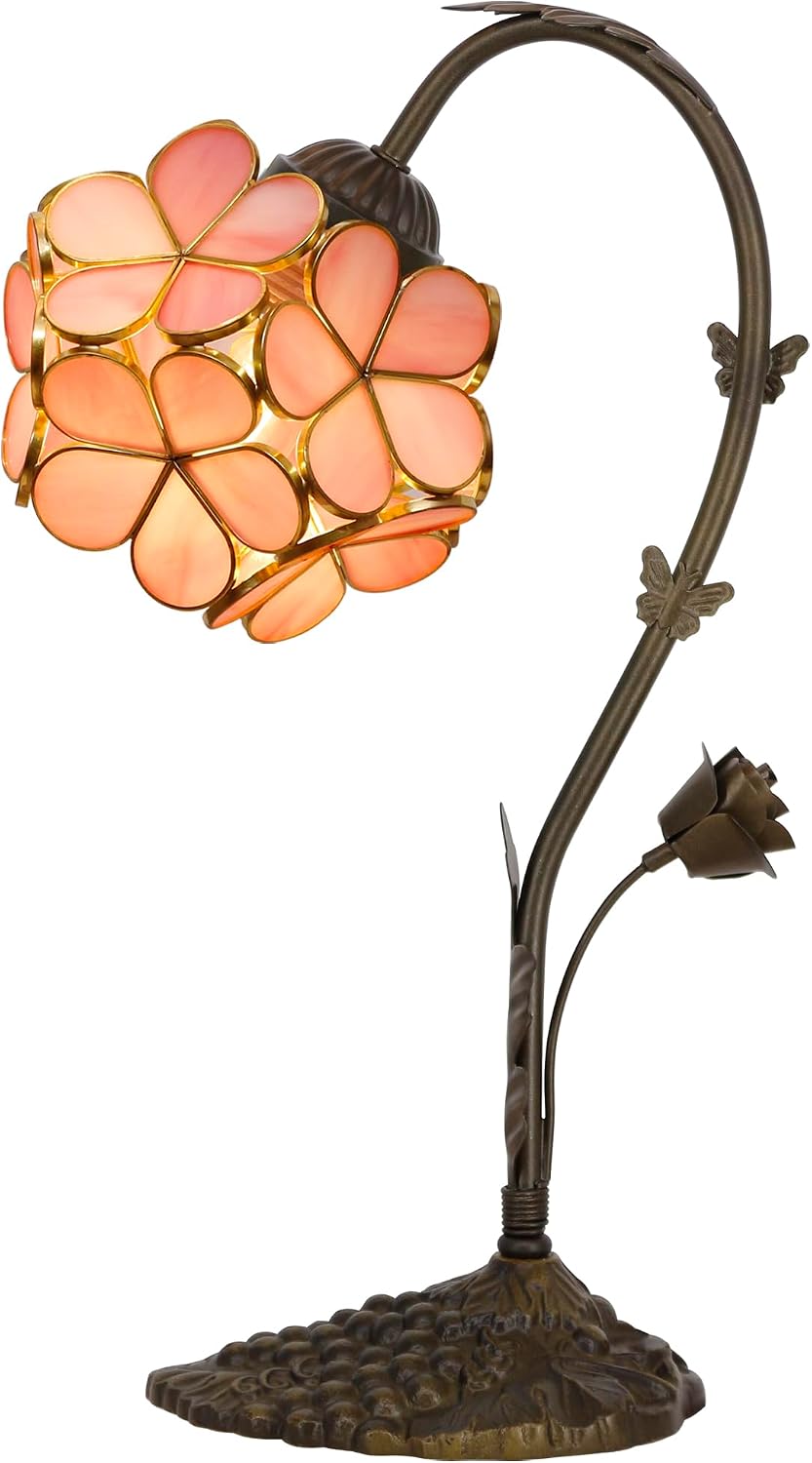 Tiffany Lamp Stained Glass Pink Small Flower Petal Table Lamp with Metal Leaf Resin Base 10X6X16 Inches Desk Reading Light