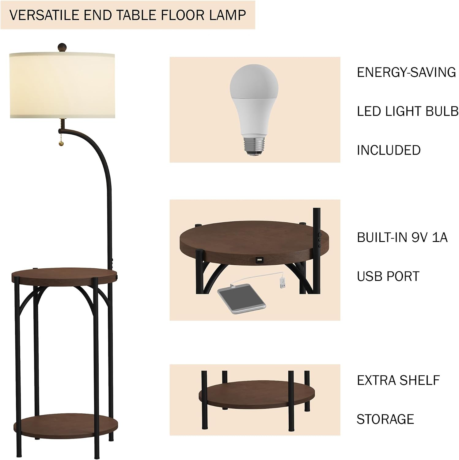 Floor Lamp with End Table - Modern Rustic Side Shelves with USB Charging Port, LED Light Bulb, and Drum-Shaped Shade - Standing Lights by Lavish Home (with Bulb)