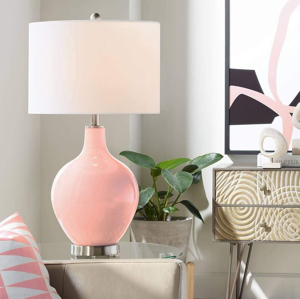 Color + Plus OVO 28 1/2' Tall Modern End Table Lamp Mellow Coral Pink Brushed Nickel Finish Glass Single Linen White Shade Living Room Bedroom Bedside Nightstand House Office Home Reading Kitchen