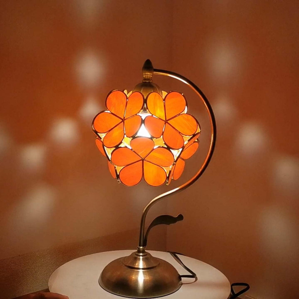 Bieye L10753 Tiffany Style Stained Glass Flower Petal Table Lamp with Brass Base for Home Décor (Orange, 8' Cherry Blossom)