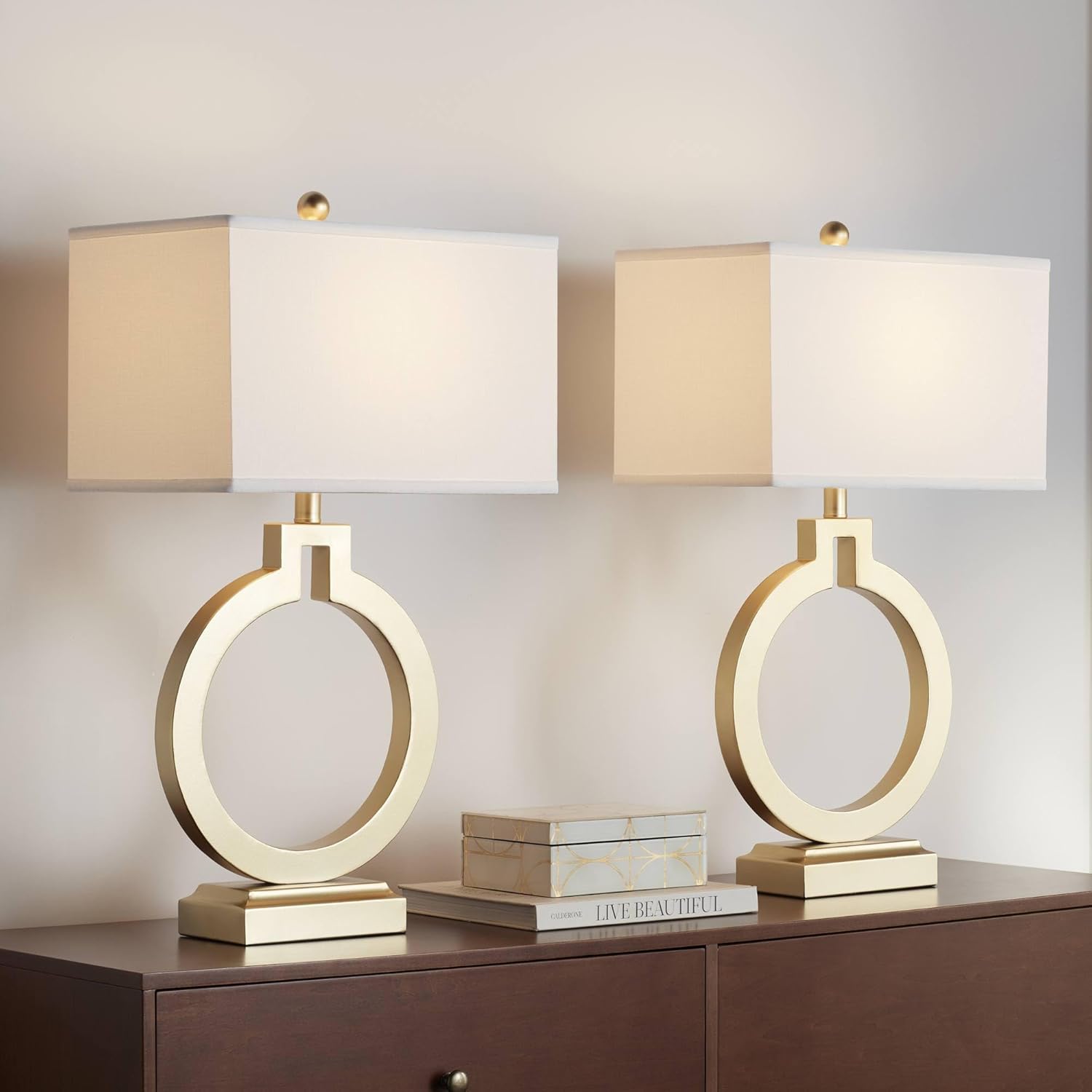 360 Lighting Modern Table Lamps 28 1/2' Tall Set of 2 with USB Charging Port Brushed Gold Open Ring White Rectangular Shade for Bedroom Living Room House Bedside Nightstand Office Family