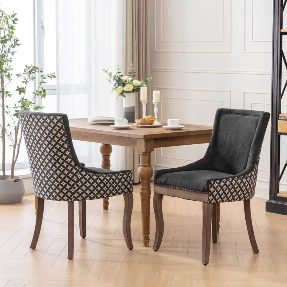 Dining Chairs Set of 2, Thickened Fabric Upholstered Chair with Neutral Solid Wood Legs & Bronze Nailhead Trim, Comfortable Accent Chairs for Dining Room/Kitchen/Living Space(Black+ Patterned+ Fabric)