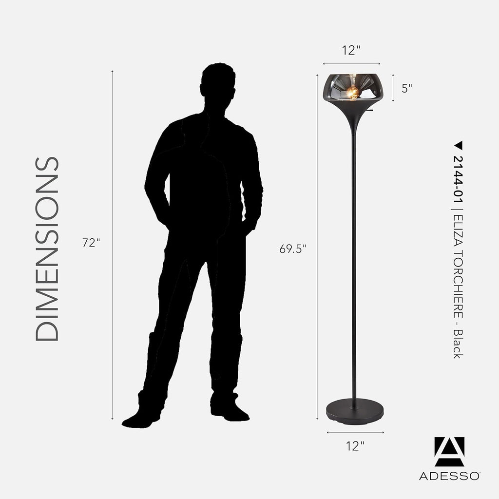 Adesso Black Torchiere Floor Lamp with Smoked Glass Dome Shade – 3-Way Adjustable Ambient Accent Lighting for Bedroom, Living Room or Home Office, 69.5' Tall