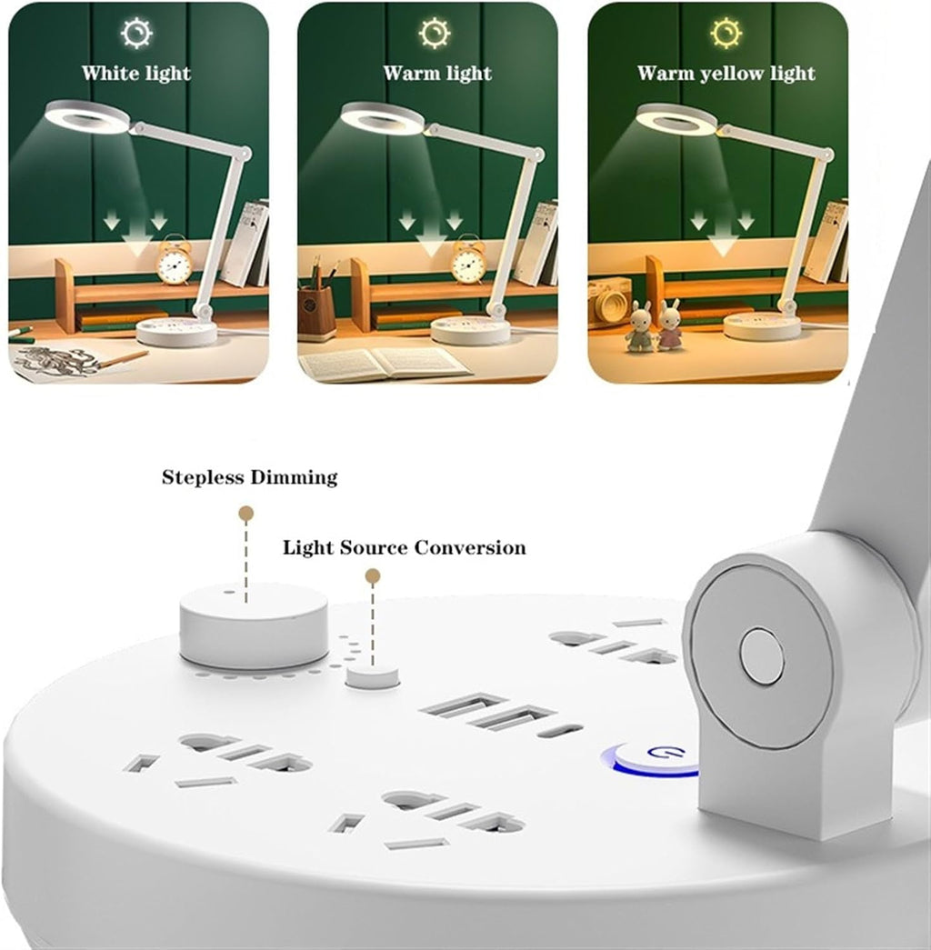 LED Desk Lamp LED Desk Lamp, Adjustable Swing Arm Table Lamp, Eye Protection Dimmable Office Lamp with 2 USB Charging Ports, 4 AC Power Outlets, Phone Stand Desk Lamp