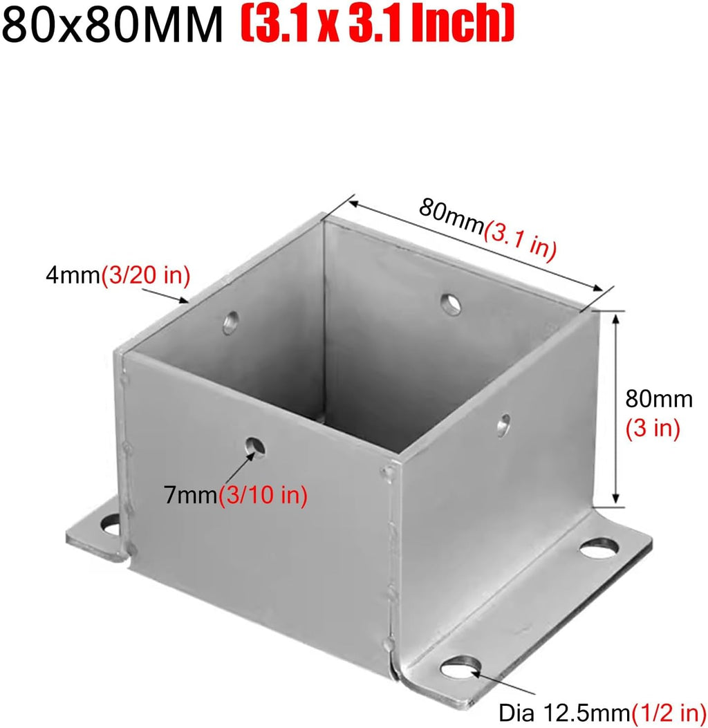Stainless Steel Fence Post Bracket Decking Post Base for Deck Porch Handrail Railing Support, for Concrete, Pergola Stand Boots/Square Mailbox Post Anchors(80x80 mm (3.1x3.1 in))