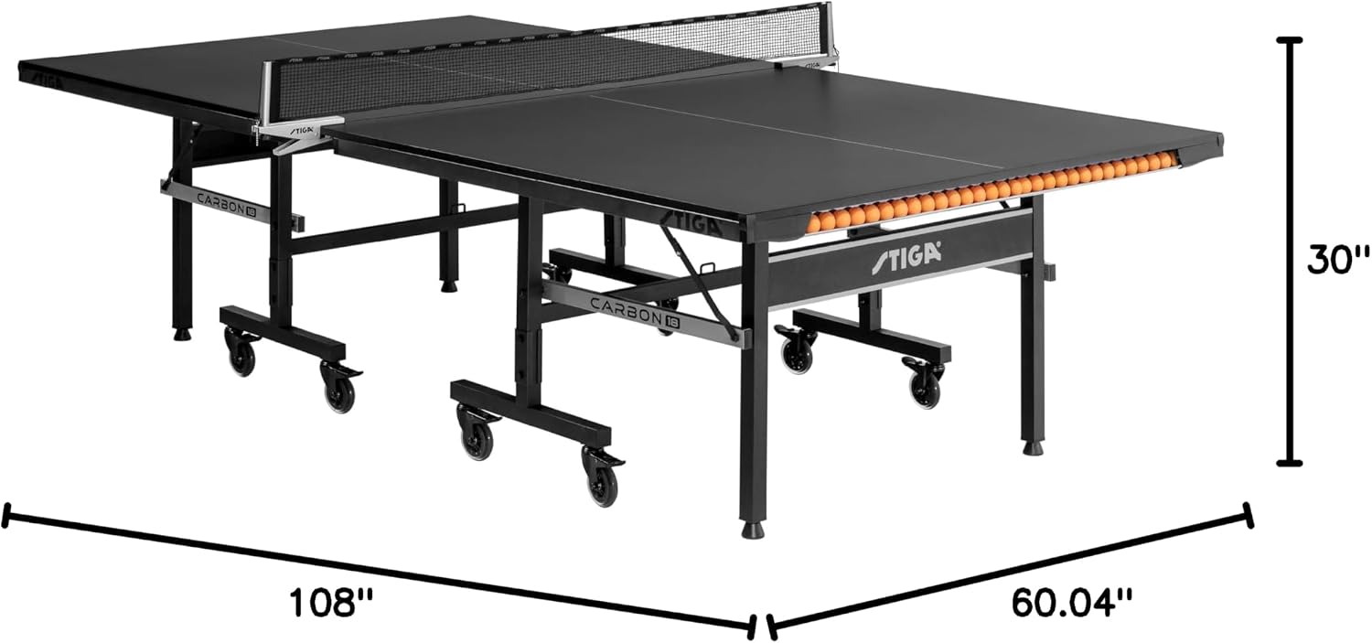 STIGA Carbon Series Indoor Table Tennis Table with 15mm - 18mm Performance Top, QuickPlay Assembly, Built-in Ball Storage, Foldable Playback Mode & Lockable Casters