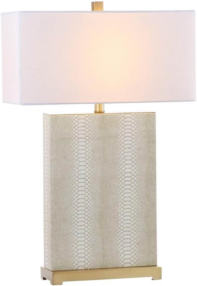 SAFAVIEH Lighting Collection – Set of 2 Joyce Modern Art Deco Faux Snakeskin Table Lamps, Cream with Brass Gold Accents, 28-Inch, LED Bulbs Included, Bedroom Living Room Home Office (LIT4402G-SET2)