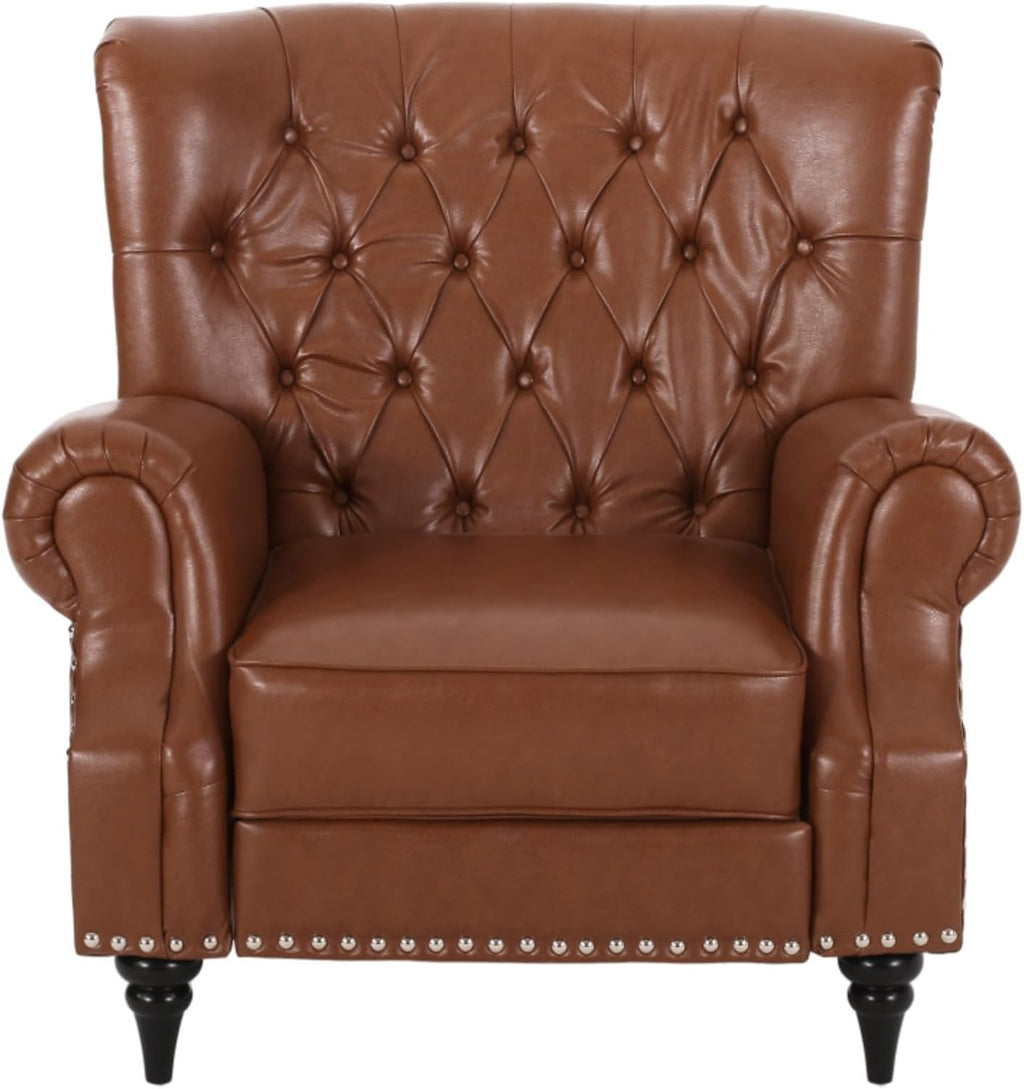 Classic Style Manual Push Back Chair with Exquisite Rivet Decor and Rolled Armrests, Ideal for Living Room Relaxation and Daily Seating (Light Brown + PU)