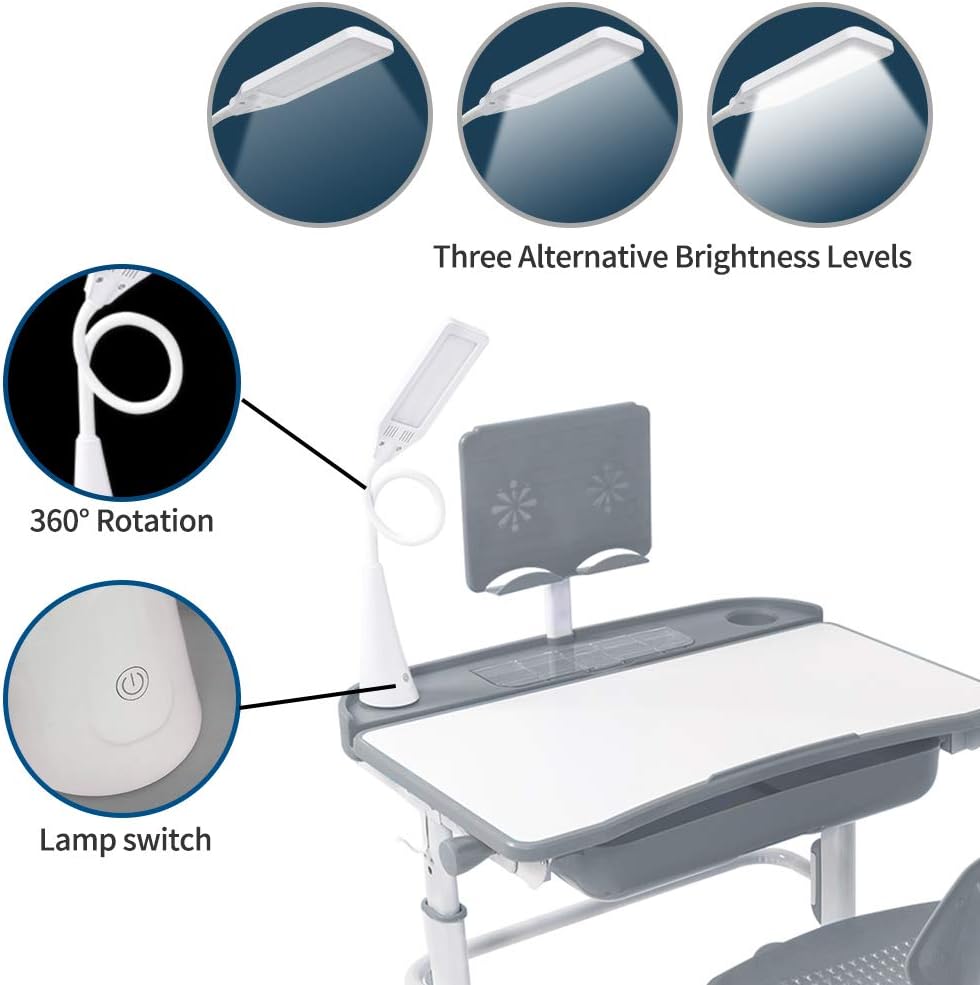 Yinleader Kids Desk and Chair Set,Height Adjustable,Spacious Storage Drawer,with Adjustable Tilted Desktop, Bookstand, Touch Led Lamp for School Student (Gray Set)
