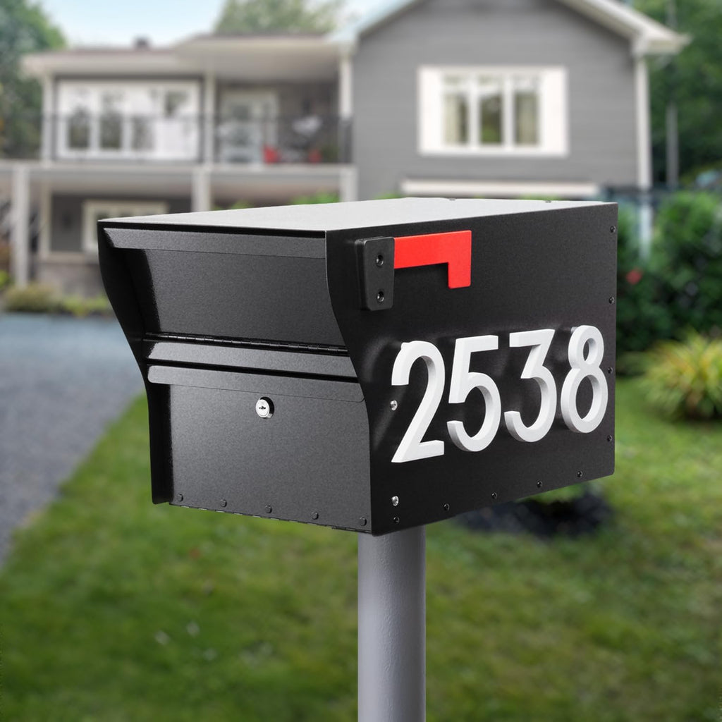Whitehall MailVault Streetside Locking Mailbox, Personalize with Modern Stand-Off Address Numbers Package – Steel, Secure Weather Resistant Modern Square Mailbox (Black/White)