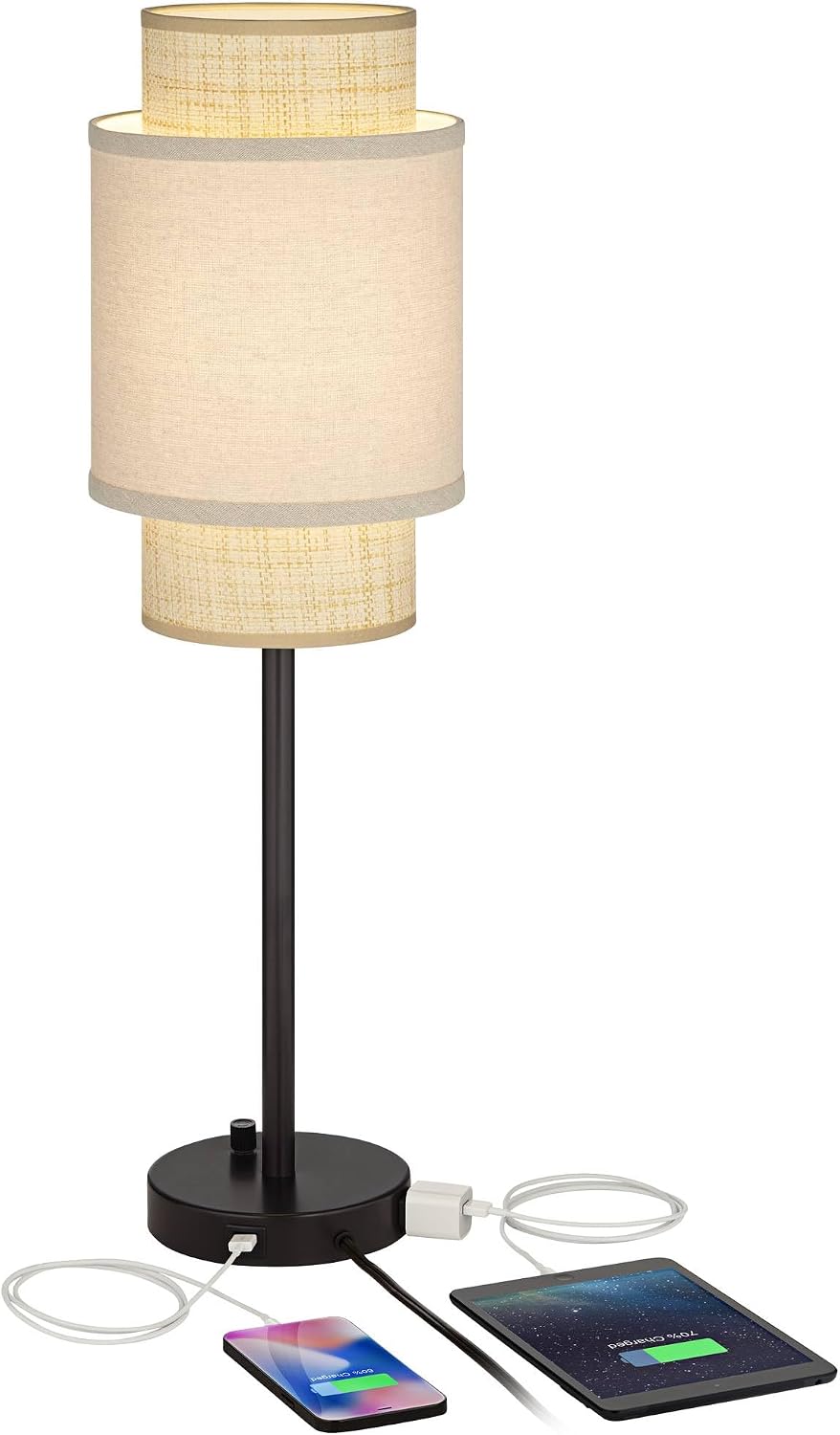 360 Lighting Tull 27' Tall Modern Table Lamps Set of 2 USB Port AC Power Outlet Black Brown Metal Living Room Charging Bedroom Bedside Nightstand House Office Home Linen Tan Tiered Shade
