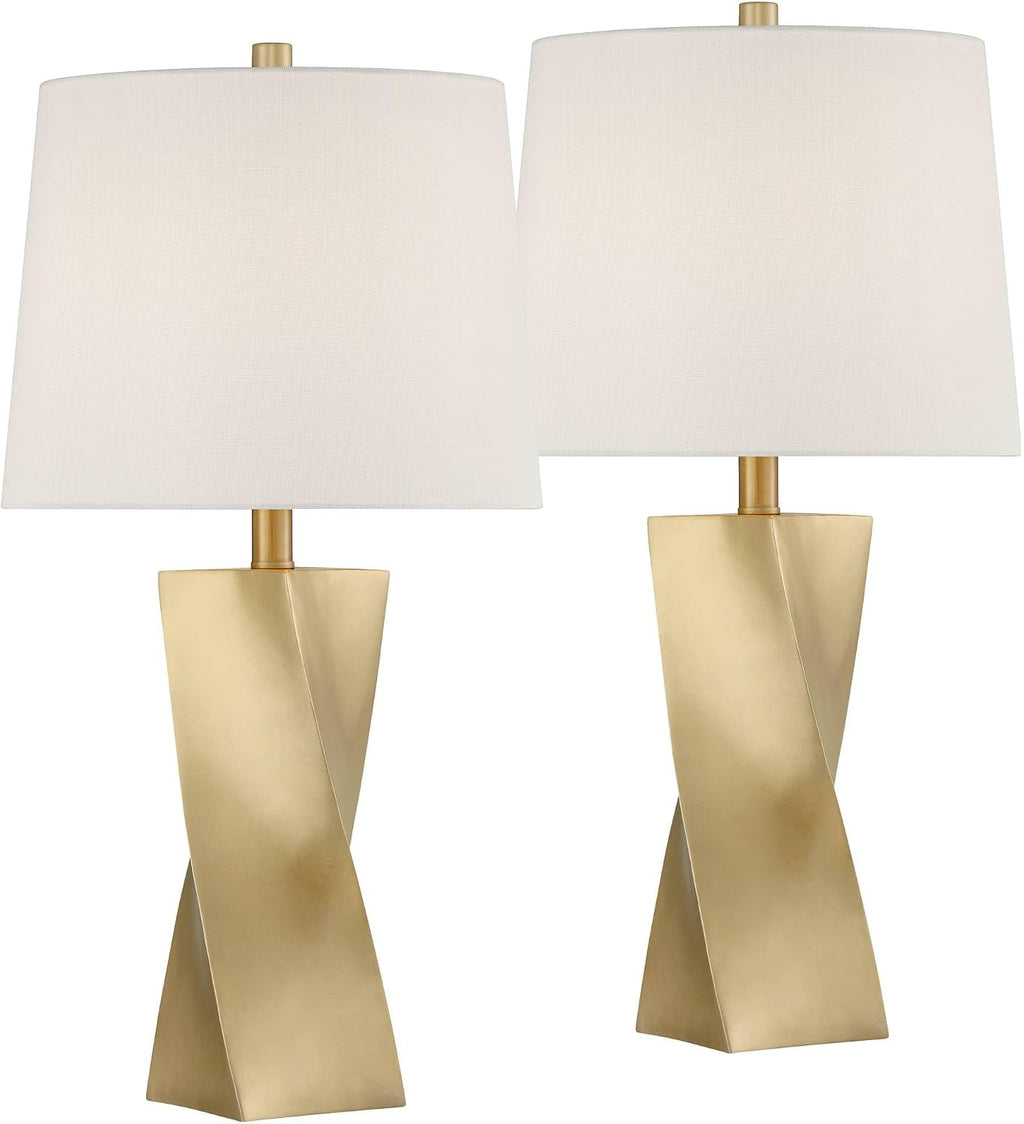 360 Lighting Arabella 25' High Geometric Modern 3-Way Table Lamps Set of 2 Gold Finish Fabric Off-White Shade Living Room Bedroom Bedside Nightstand House Office Home Reading Kitchen Entryway