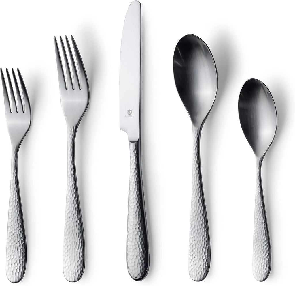 Danialli Matte Silverware Set, 18/10 Stainless Steel Satin Flatware, Modern Brushed Finish Cutlery, Dishwasher Safe & Durable, Built to Last (40-Piece, Fidenza Hammered)