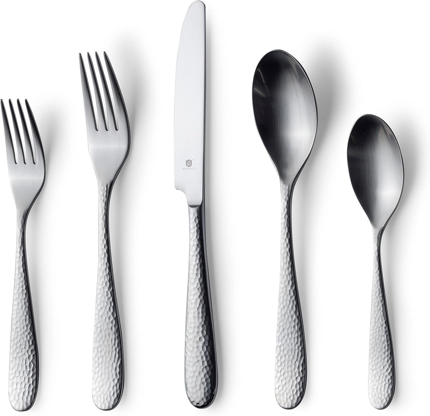 Danialli Matte Silverware Set, 18/10 Stainless Steel Satin Flatware, Modern Brushed Finish Cutlery, Dishwasher Safe & Durable, Built to Last (40-Piece, Fidenza Hammered)