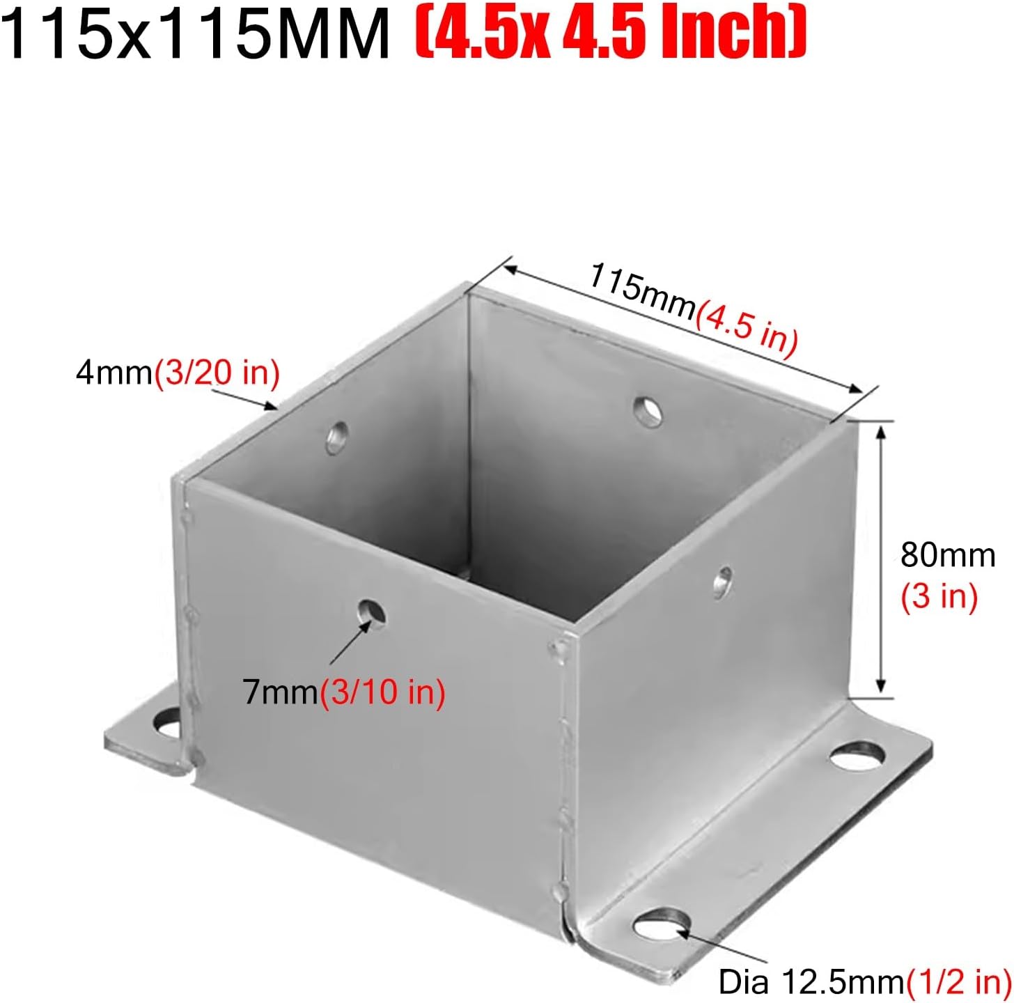 ZAQYCM Stainless Steel Post Base 2x2 3x3 4x4 5x5 6x6 7x7 8x8 Inch, Heavy Duty Post Bracket for Concrete/Wood Deck/Pergola/Mailbox, Railing Post Anchors Square (Size : 115x115 mm (4.5x4.5 in))
