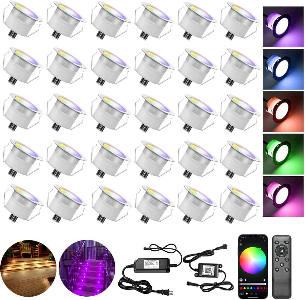 Low Voltage LED Deck Lights, 30 Pack 1.22' Smart WiFi RGBW 3000K Recessed Step & Stair Lighting Kit, IP67 Waterproof Outdoor for Deck, Walkway & Landscape, Compatible with Alexa & Google Assistant
