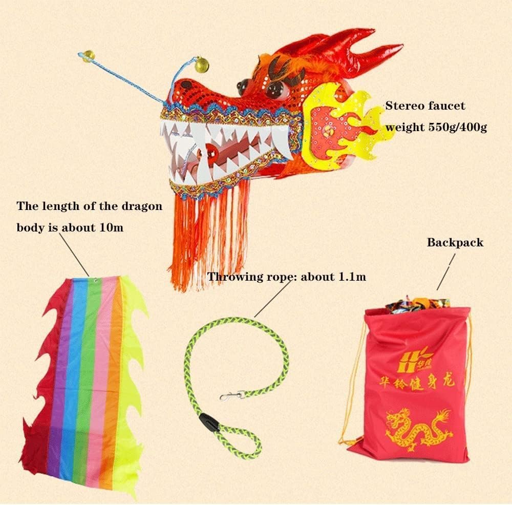 Lion Dance 3D Colorful Dragon Dance Streamer Silk Lion with Travel Bag and Rope Outodor Fitness Ribbon Dragon Dances Costume(B)