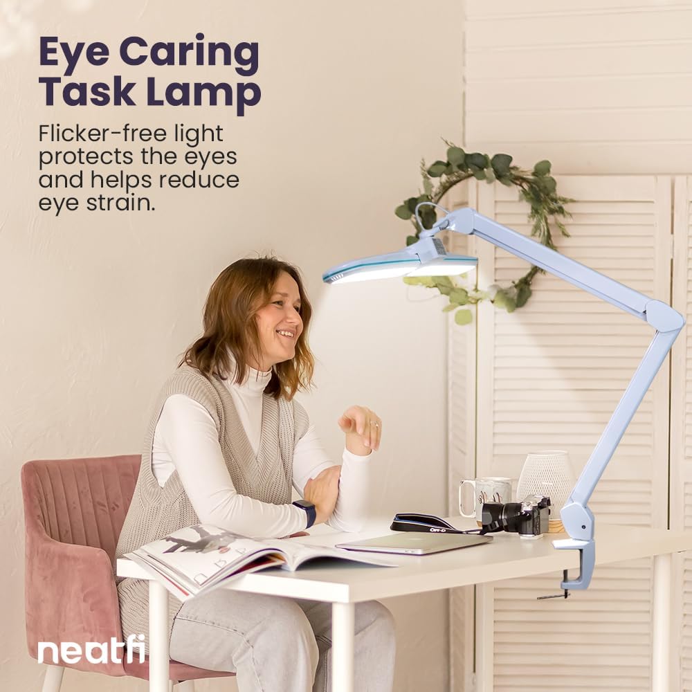 Neatfi Elite HD XL LED Desk Lamp | 3 Light Modes | Non-Polar Dimming | Eye-Caring Desk Light for Home Office, Drafting, Beauty Shop, Workbench (Blue Ring, CCT with Clamp)
