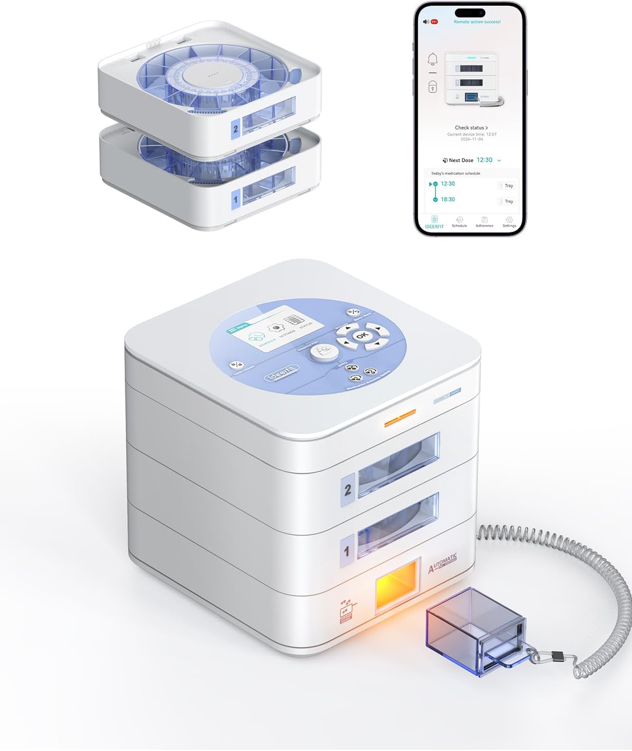 28-Day(1X) Automatic Pill Dispenser (Expandable Tray) – App & On-Device Setup by Family, LCD Display, Digital Lock, Sound & Light Alerts- Safe Medication Organizer for Dementia Seniors(2-Tray, White)