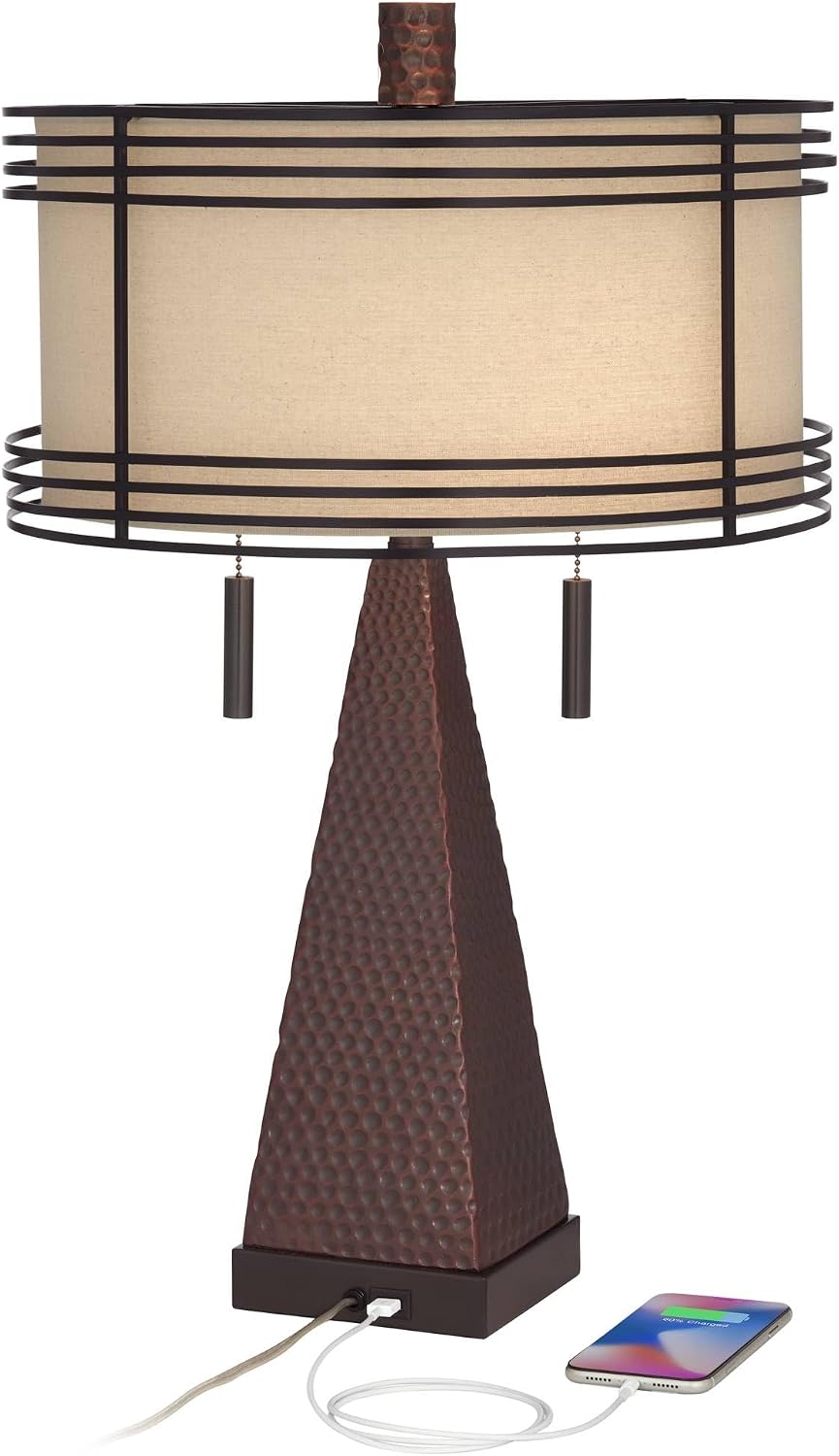 Franklin Iron Works Niklas 26' High Industrial Farmhouse Rustic Table Lamps Set of 2 USB Port Pull Chain Brown Bronze Finish Metal Tan Shade Living Room Charging Bedroom Bedside Nightstand House