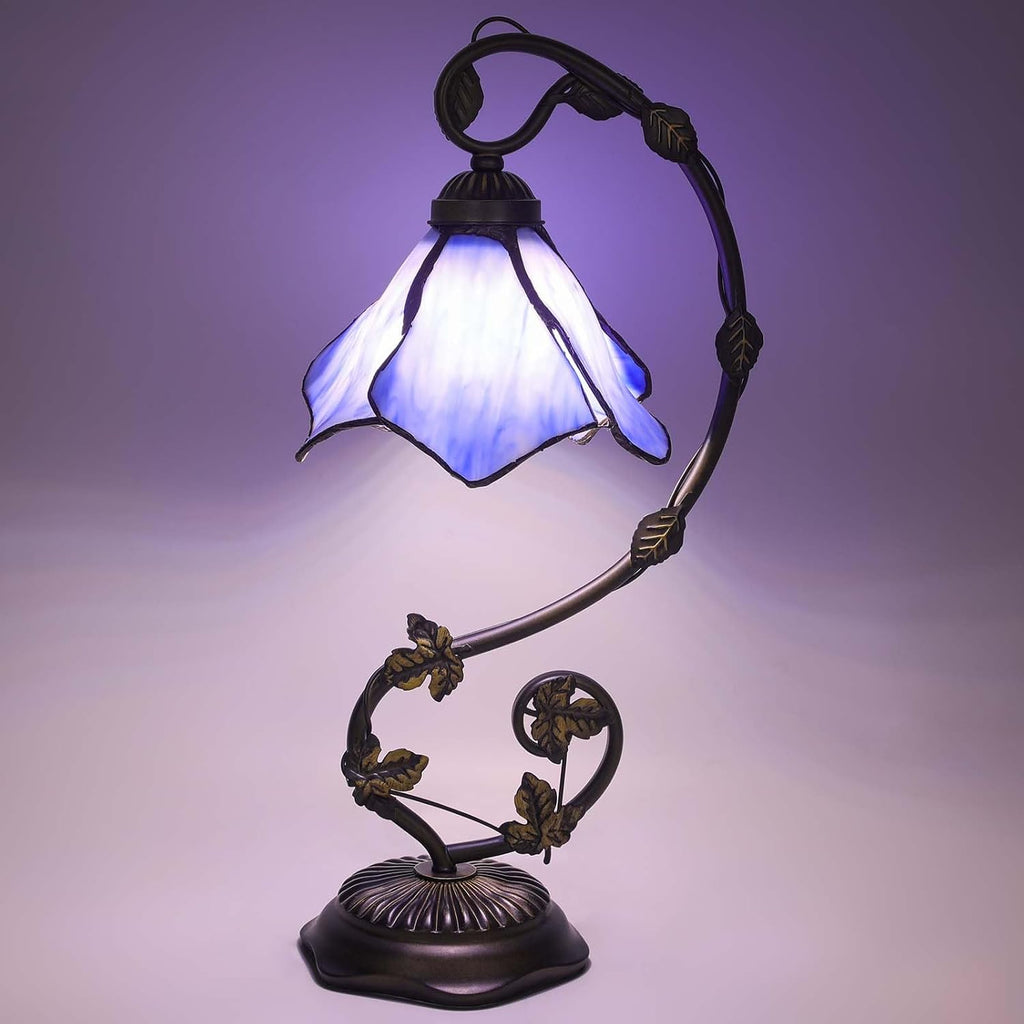 Stained Glass Table Lamp, Blue Flower Style Metal Leaf Base Desk Reading Light, Adjustable 3 Color Temperature Decor for Bedroom Home Office