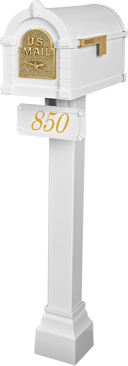 Gaines - Keystone Standard Post and Mailbox Package with Personalized Address Plaque and Decorative Cuff (White with Polished Brass Eagle)