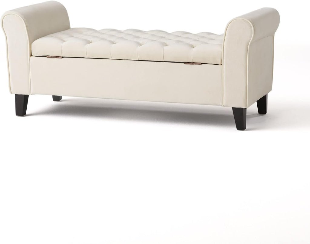 Upholstered Storage Bench, 50-inch Ivory Fabric with Rivet-Trimmed Armrests and Black Legs Bedroom Upholstered Window Seat Bench Storage Bench Suitable for Living Rooms, Bedrooms, and Entryways
