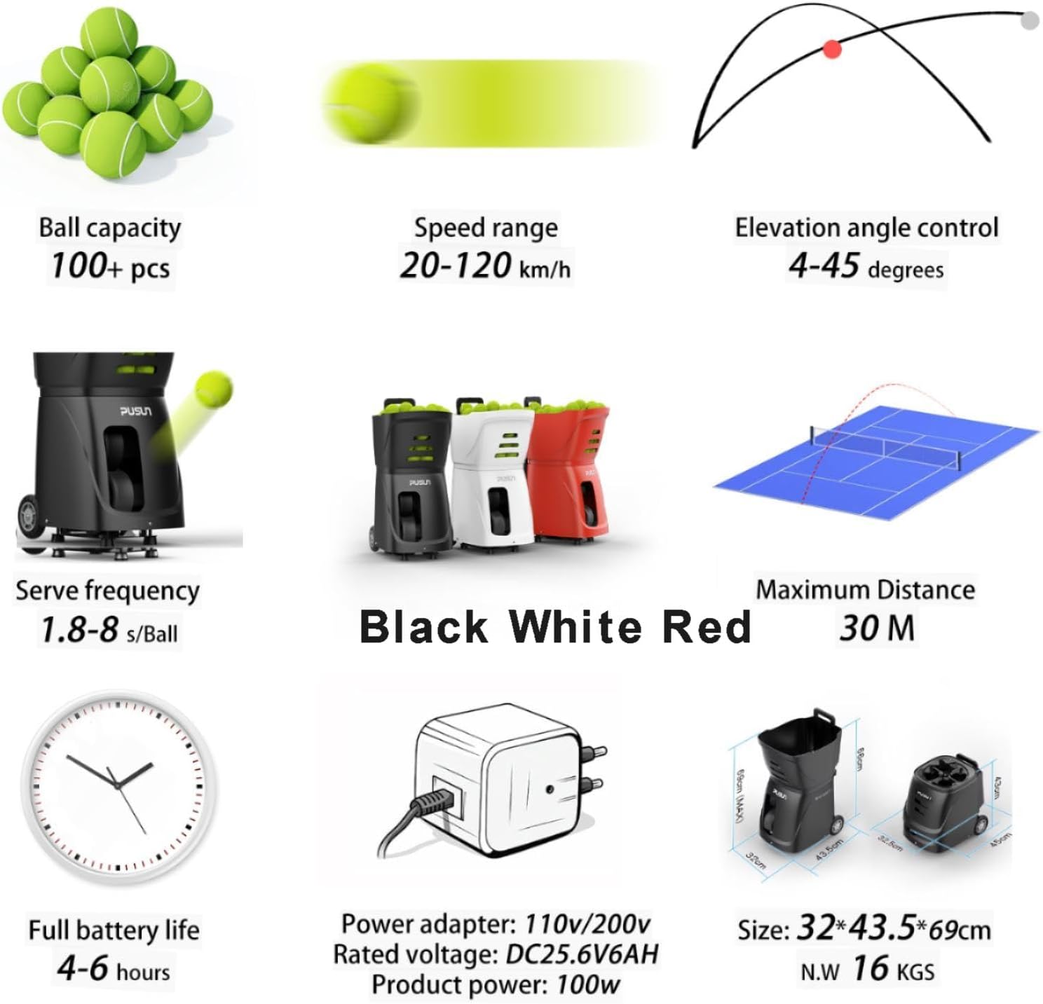 PT-SMART Tennis Ball Machine - Smart App for Apple Watch & Phone Control, Tennis Ball Launcher with 20 Landing Points, 12 Training Modes & 4-6h Battery Life, Tennis Serving Machine