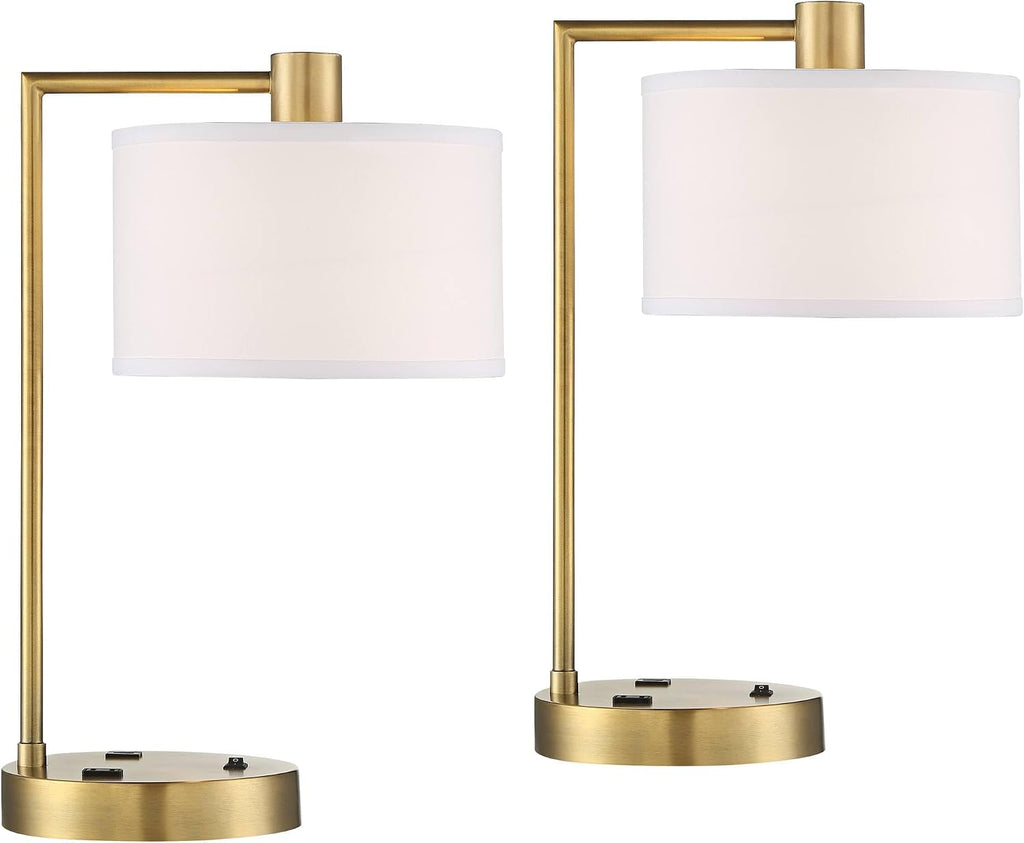 360 Lighting Colby 21' High Small Modern Desk Lamps Set of 2 with Smart Sockets Gold Metal White Shade Home Office Living Room Charging Bedroom Bedside Nightstand House Reading