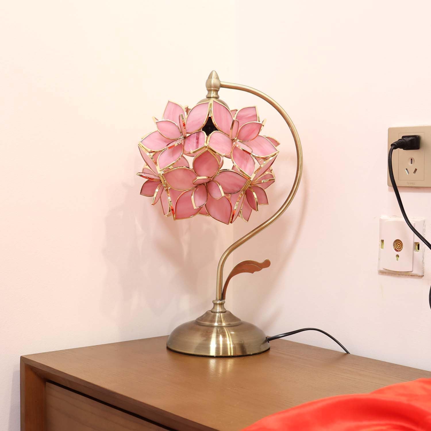 Bieye L10833 Rose Lily Flower Tiffany Style Stained Glass Table Lamp with Vintage Brass Base Electroplating Finish for Bedside Bedroom Living Room Home Decoration, 8 inch Wx17 inch H, 8 inch Rose Lily