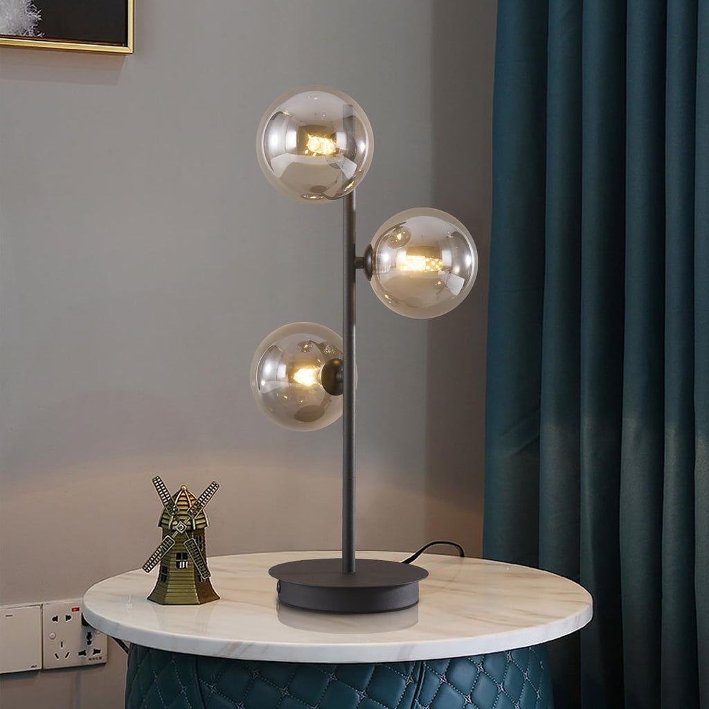 Mid Century Modern Table Lamp, Black 3 Light Reading Lamp with Smoky Grey Glass Shade, Bedside Lamp for Bedroom Living Room Study Room