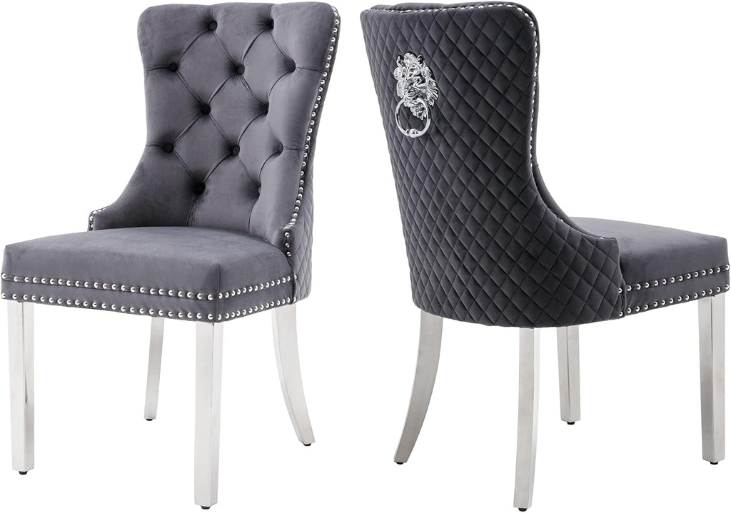 Velvet Dining Chairs Set of 2, Upholstered Dining Room Chairs, Mid-Century Modern Chairs with Diamond Lattice Tufted Back, Lion Pull Ring Rivet Trim, Silver Metal Legs for Kitchen, Dark Grey