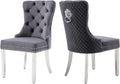 Velvet Dining Chairs Set of 2, Upholstered Dining Room Chairs, Mid-Century Modern Chairs with Diamond Lattice Tufted Back, Lion Pull Ring Rivet Trim, Silver Metal Legs for Kitchen, Dark Grey