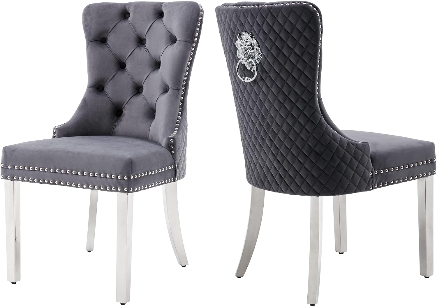 Velvet Dining Chairs Set of 2, Upholstered Dining Room Chairs, Mid-Century Modern Chairs with Diamond Lattice Tufted Back, Lion Pull Ring Rivet Trim, Silver Metal Legs for Kitchen, Dark Grey