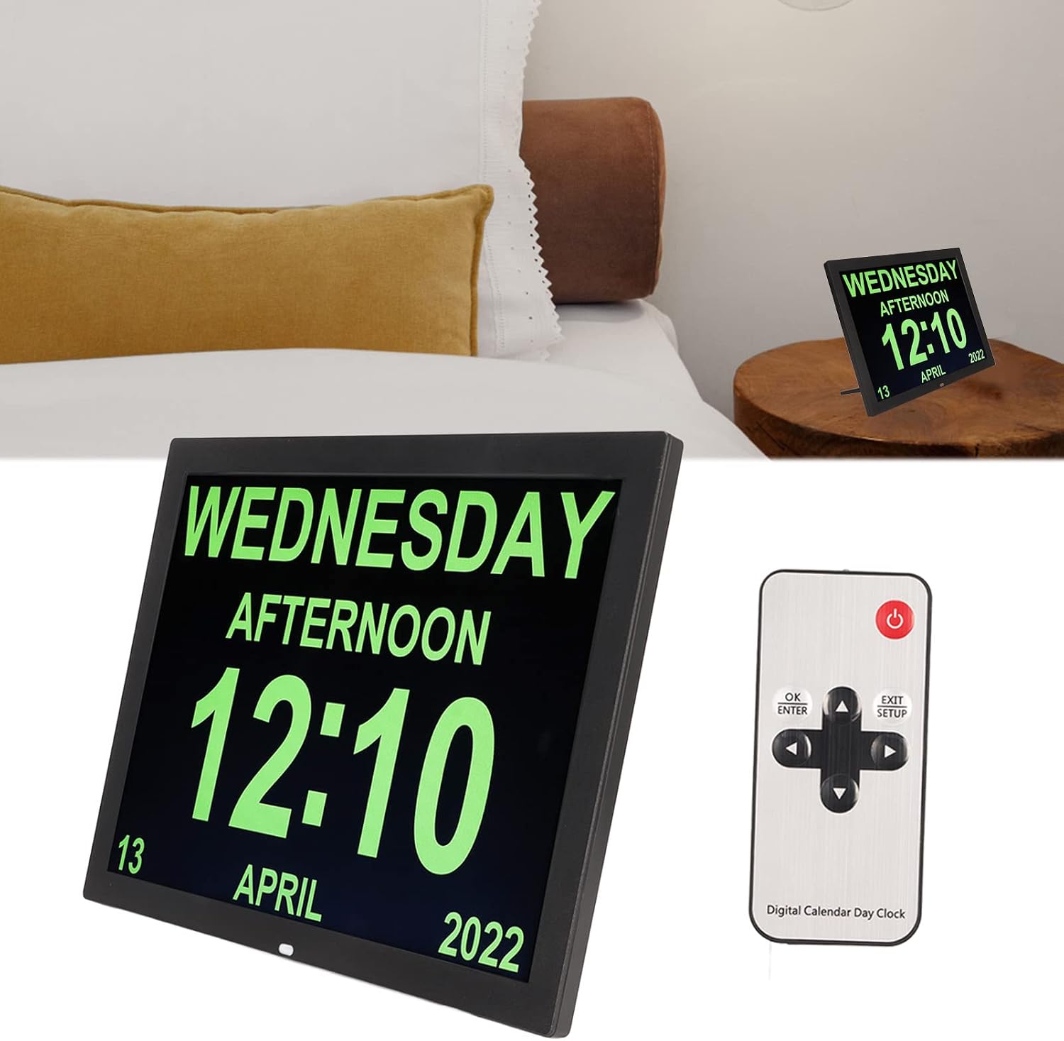 Septpenta Digital Calendar Alarm Clock Day Clock with 15' Large Display, 10 Languages, with Remote Control/Calendar/Alarm/Date/Day for Visually Impaired, Elderly, Dementia(USA)