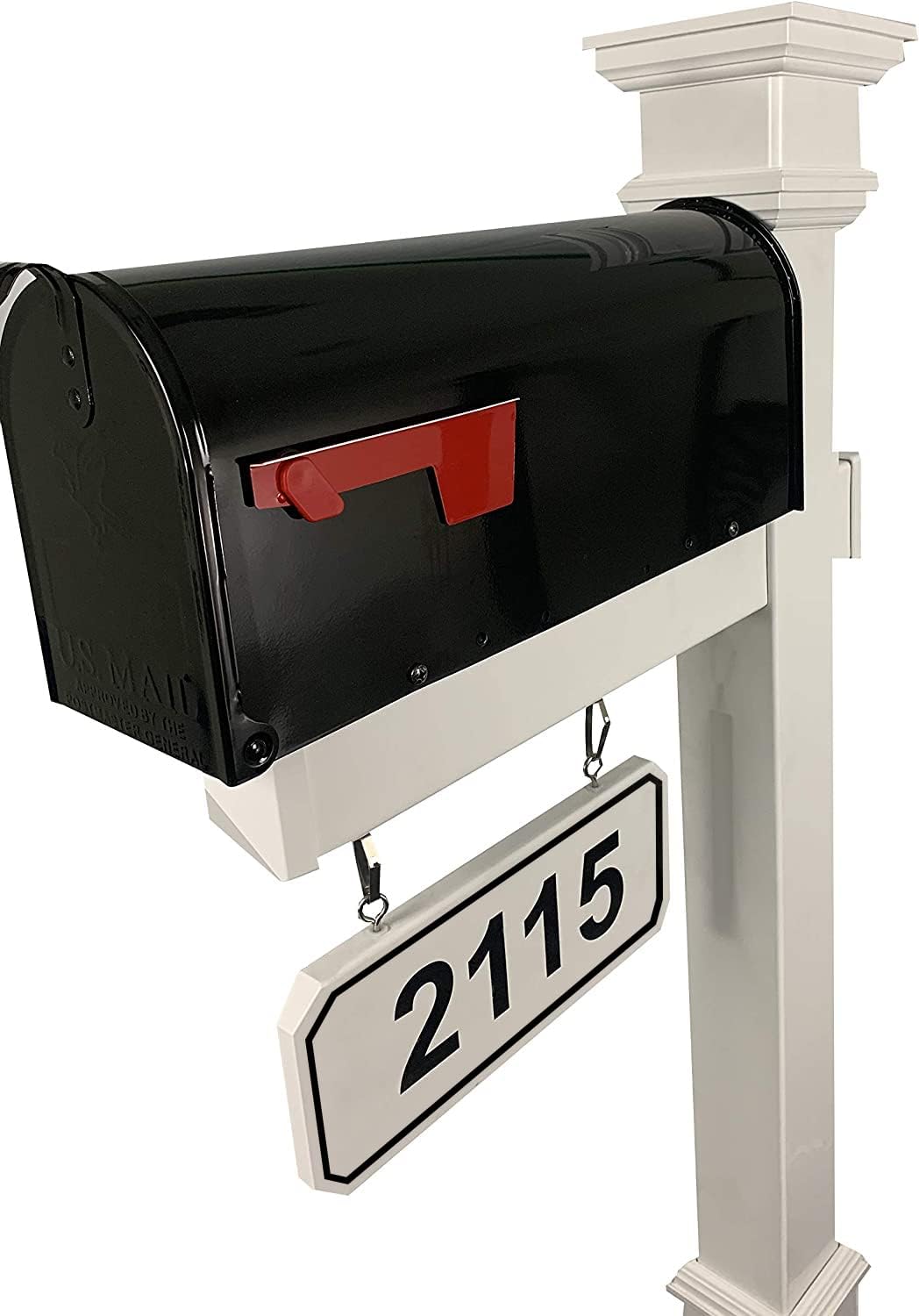 4Ever Products The Eastwood Mailbox System with Personalized Hanging Address Plate, Decorative Base, 72' White Vinyl Post, and Newport Style Cap