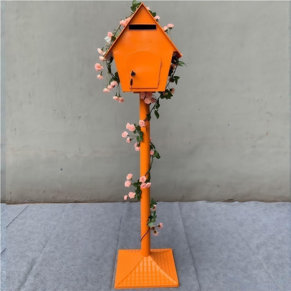 Iron Post Mailbox with Stand, Decorative Cottage Mail Box with Artificial Flowers, Outdoor Mailbox for Courtyard and Exterior Use(Orange)