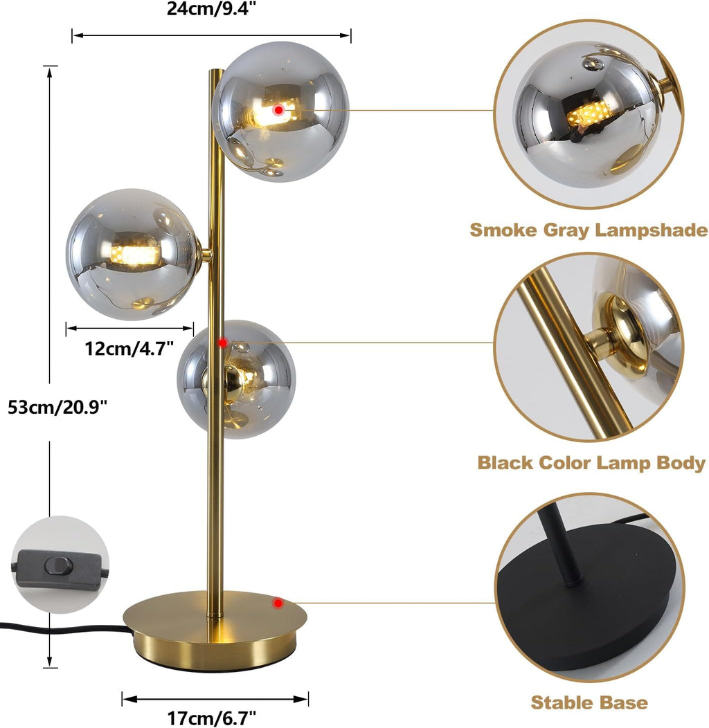 Mid Century Globe Table Lamp, Modern 3 Lights Gold Brass Desk Lamp, Contemporary Smoky Grey Glass Globe Bedside Lamp for Bedroom Living Room Study Room